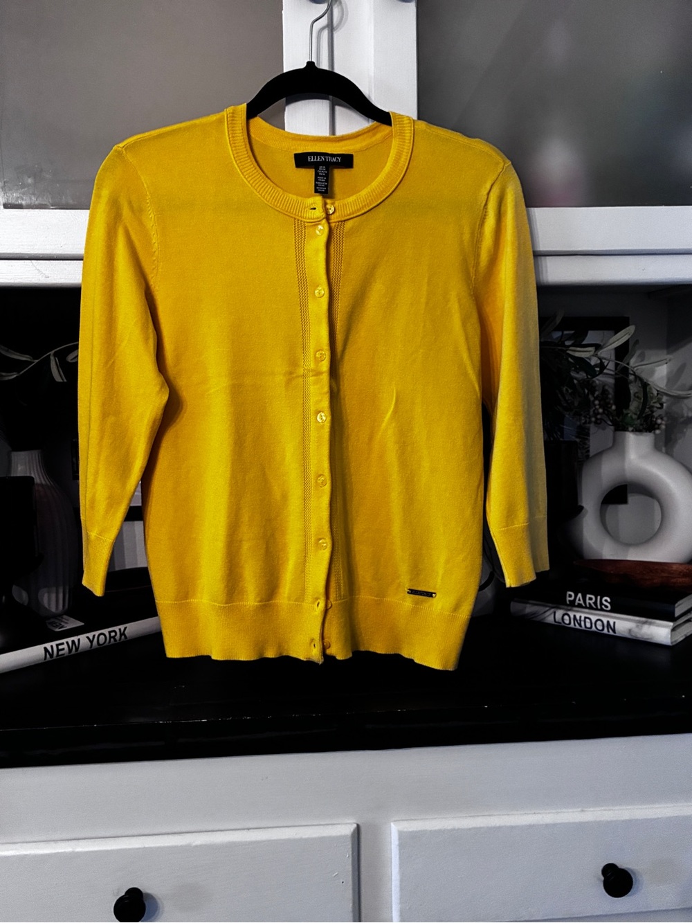 Ellen Tracy Sunny Yellow Button-Front Crewneck Cardigan